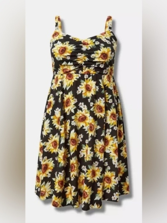 Torrid Sunflower Print Black Fit-and-Flare Dress Size 0